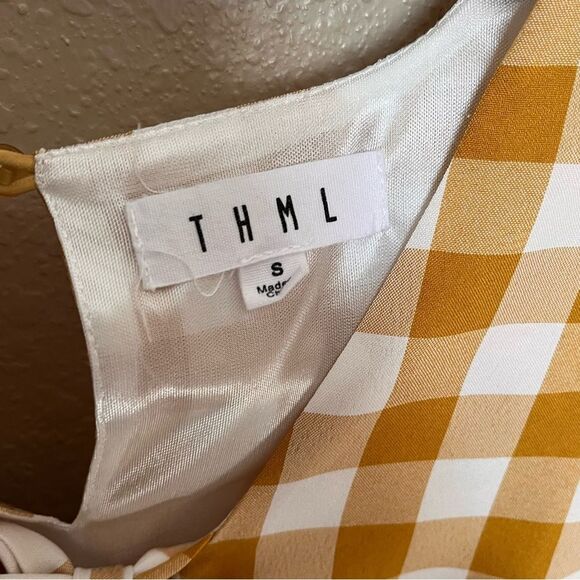 THML Mustard/White Checkered Short Sleeve Romper Gray Stripe Bottom Size Small - Picture 8 of 12